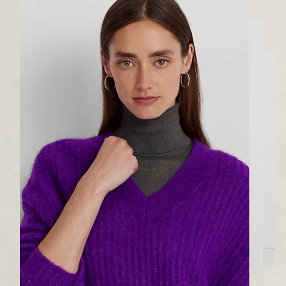 RALPH LAUREN Wool Blend Ribbed V-Neck Purple Sweater S NWT - Picture 3 of 10
